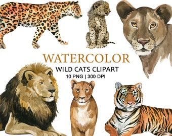 Aquarell Wildkatzen Clipart, Tiere Clipart, Kinderzimmer Dekor, PNG, Löwe Jaguar Gepard Tiger, Safari, Dschungel, afrikanische, asiatische Tiere