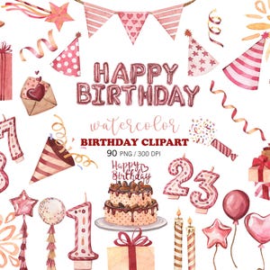 Clipart de fiesta de cumpleaños en acuarela, GRAN CONJUNTO, Decoración de cumpleaños, Globos de acuarela, Pastel de cumpleaños, Elementos de cumpleaños, Velas, Fuegos artificiales, PNG