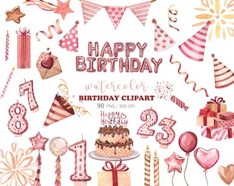 Watercolor Birthday Party Clipart, BIG SET, Birthday Decor, Watercolor Balloons, Birthday Cake, Birthday Elements, Candles, Fireworks,  PNG