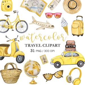 Könnte beinhalten: Aquarell-Reise-Cliparts mit gelbem Fahrrad, Roller, Auto und Flugzeug. Weitere Elemente sind eine Karte, Sonnenbrille, Globus, Koffer und Strohhut. Der Text "Watercolor Travel Clipart" ist ebenfalls enthalten.