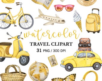 May include: A collection of watercolour travel-themed clipart. Includes a yellow bicycle, scooter, car, and airplane, alongside a map, sunglasses, globe, suitcase, and straw hat. The text "Watercolor Travel Clipart" is visible.