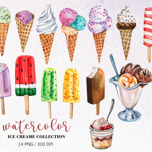 May include: A watercolour illustration of ice cream treats, including cones with scoops of different flavours, ice lollies, and a sundae. The image features a variety of colours and textures, with the text "watercolor ICE CREAME COLLECTION" at the bottom.