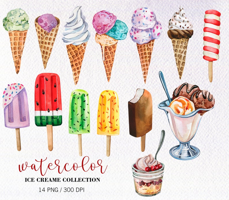 May include: A watercolour illustration of ice cream treats, including cones with scoops of different flavours, ice lollies, and a sundae. The image features a variety of colours and textures, with the text "watercolor ICE CREAME COLLECTION" at the bottom.