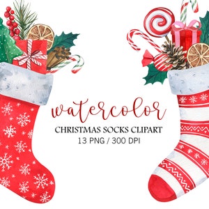Aquarel Kerstkousen Clipart, Christmas Santa Sock, Kerstdecor, Kerst PNG, Kerstsokken met geschenken, Poinsettia Decor