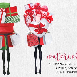 May include: Two watercolour illustrations of women carrying shopping bags and gift boxes. The women are wearing black tights and shoes. The gift boxes are wrapped in red, green and white paper with red ribbons. The shopping bags are red, green, white and plaid.