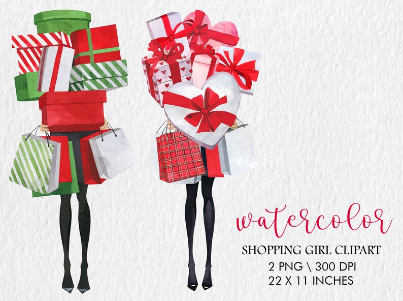 May include: Two watercolour illustrations of women carrying shopping bags and gift boxes. The women are wearing black tights and shoes. The gift boxes are wrapped in red, green and white paper with red ribbons. The shopping bags are red, green, white and plaid.