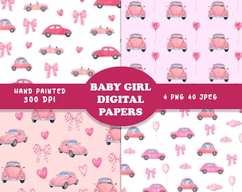 Pink Cars Seamless Patterns, Printable Baby Girls Cars Digital Papers Pack, Watercolor Pink Nursery Baby Girl Wallpapers, Textile