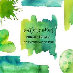 Clipart de respingos verdes em aquarela, PNG, clipart de casamento, design de casamento em aquarela, uso comercial, pintado à mão, pinceladas de aquarela