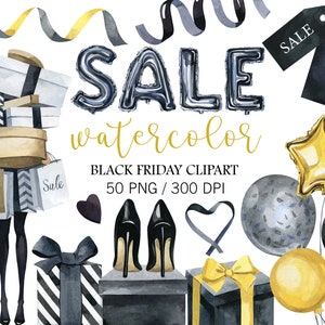 Aquarel Black Friday-clipart, winkelend meisje, Black Friday-decor, PNG-aquarel mode-clipart, cadeau-clipart, aquarelballonnen, verkoop