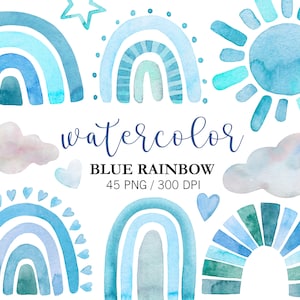 Watercolor Blue Rainbow Clipart, Nursery Decor, Baby shower Clipart, Boho Rainbow Clipart, Baby Pastel Rainbow, Rainbow WallArt, Clouds, PNG