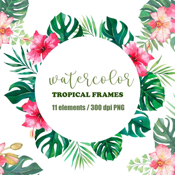 Watercolor Tropical Frames, Monstera Leaves, Wedding Bouquets, Tropical Wedding Clipart, Tropical Palm Leaves, Hand Painted, Greenery Frame