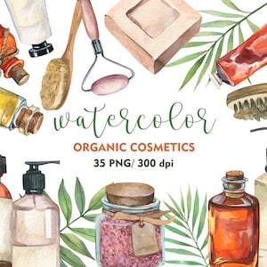 Aquarelle spa clipart, clipart cosmétique naturelle, soins de la peau bio, clipart beauté, logo beauté, PNG, bouteille d'huile, crème, logo salon de beauté
