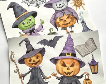 水彩画のハロウィンかぼちゃキャラクターのクリップアート、PNG