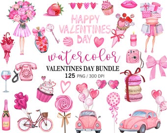 Watercolor Valentines Day BIG BUNDLE, Hand Painted Valentines sweets, gifts, Hearts, Bikes, Car, Valentines Stickers Love PNG Valentines
