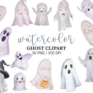 May include: Watercolor ghost clipart in various poses and expressions. The ghosts are in shades of white, gray, and purple. Some ghosts have smiling faces, while others have different expressions. The text "watercolor ghost clipart" is also included.