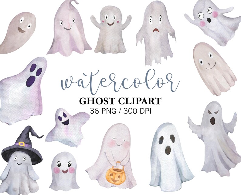 May include: Watercolor ghost clipart in various poses and expressions. The ghosts are in shades of white, gray, and purple. Some ghosts have smiling faces, while others have different expressions. The text "watercolor ghost clipart" is also included.