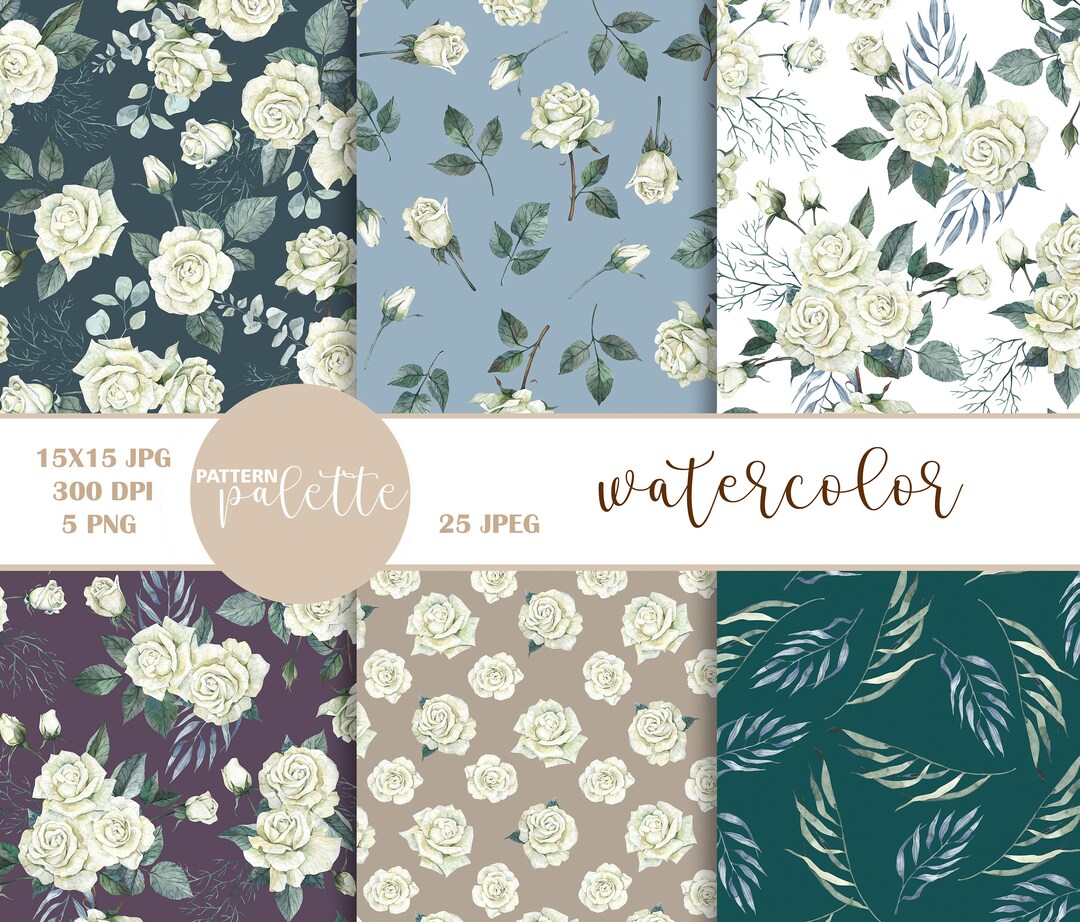 Watercolor White Roses Pattern, Floral Digital Paper, Watercolor Paper ...