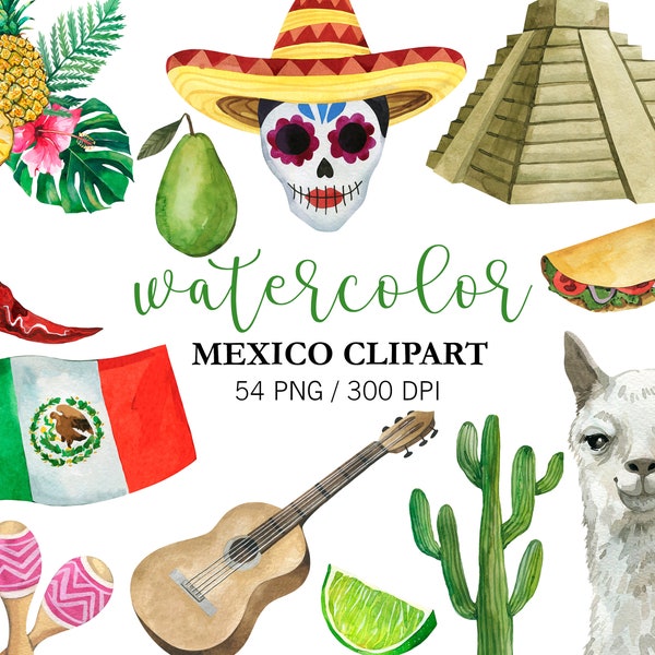 Watercolor Mexican Party Clipart, Mexico Clipart, Travel Clipart, PNG, Cinco De Mayo Clipart Party,