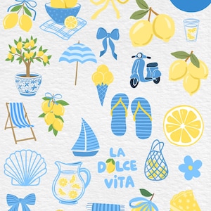 May include: A collection of hand-drawn lemon-themed clipart in yellow and blue. Includes lemons, a bowl of lemons, a lemon tree, a scooter, ice cream, a sailboat, and the text "La Dolce Vita". The image also includes a beach chair, flip-flops, and a slice of cake.