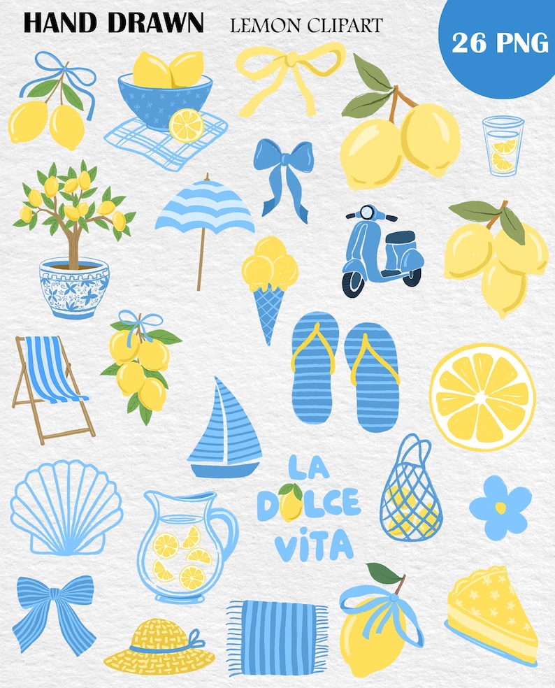 May include: A collection of hand-drawn lemon-themed clipart in yellow and blue. Includes lemons, a bowl of lemons, a lemon tree, a scooter, ice cream, a sailboat, and the text "La Dolce Vita". The image also includes a beach chair, flip-flops, and a slice of cake.