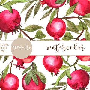 May include: Watercolor seamless pattern featuring red pomegranates with green leaves on a white background. The pattern is labeled "watercolor pattern palette".