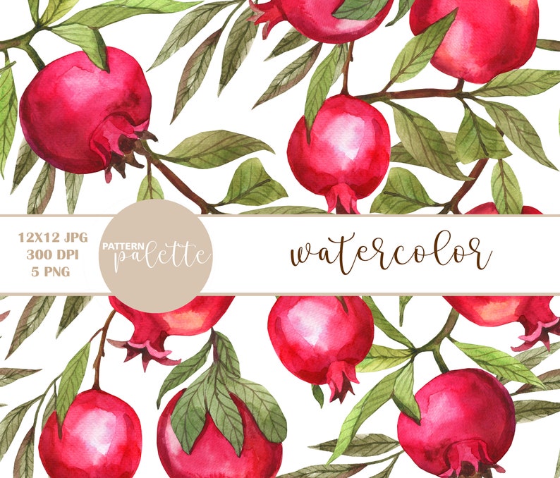 May include: Watercolor seamless pattern featuring red pomegranates with green leaves on a white background. The pattern is labeled "watercolor pattern palette".