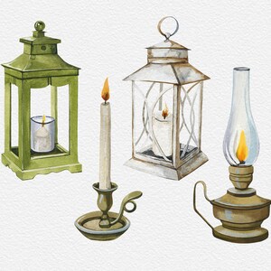 May include: Four different candle holders, including a green lantern, a white lantern, a candlestick, and a glass oil lamp. The lanterns have glass panels and are decorated with a simple design. The candlestick is made of metal and has a simple design. The oil lamp is made of glass and has a metal base.