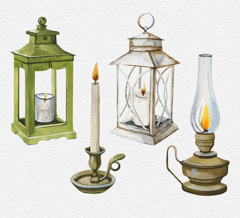 May include: Four different candle holders, including a green lantern, a white lantern, a candlestick, and a glass oil lamp. The lanterns have glass panels and are decorated with a simple design. The candlestick is made of metal and has a simple design. The oil lamp is made of glass and has a metal base.