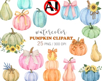 Watercolor Pumpkin Clipart, Hand Painted PNG, Fall Autumn Elements, 25 Pumpkin Designs, 300 DPI Digital Download