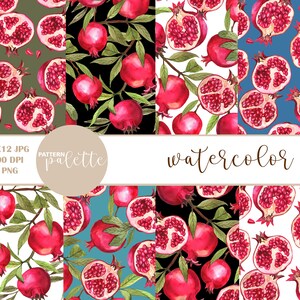 May include: Five seamless patterns featuring watercolor illustrations of red pomegranates with green leaves on different colored backgrounds. The backgrounds are green, black, white, blue, and black. The text "PATTERN palette watercolor" is at the bottom of the image.