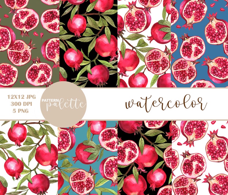 May include: Five seamless patterns featuring watercolor illustrations of red pomegranates with green leaves on different colored backgrounds. The backgrounds are green, black, white, blue, and black. The text "PATTERN palette watercolor" is at the bottom of the image.