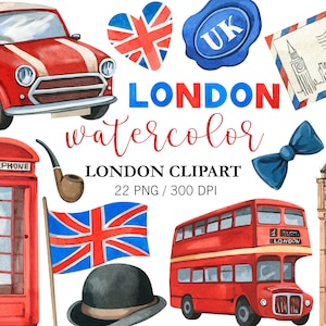 Akwarela Londyn Clipart, Podróż Clipart, PNG, Wystrój pokoju dziecięcego, Wielka Brytania, Wielka Brytania, Big Ben akwarela, London Bus, Anglia