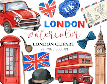 Watercolor London Clipart, Travel Clipart, PNG, Nursery Decor, UK, United Kingdom, Big Ben watercolor, London Bus, England