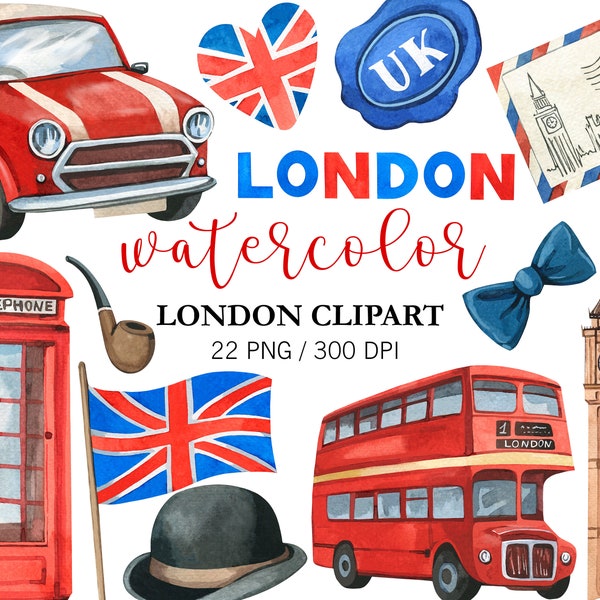 Watercolor London Clipart, Travel Clipart, PNG, Nursery Decor, UK, United Kingdom, Big Ben watercolor, London Bus, England