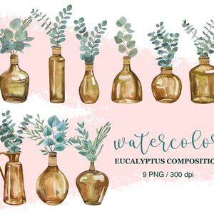 Planta de eucalipto em garrafas de vidro, clipart de eucalipto, clipart de aquarela para casa, clipart de vegetação, PNG, clipart de verão, garrafa de vidro marrom