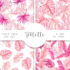 Aquarell rosa Tropen Muster, Nahtloses Muster, Aquarell Muster, Monstera Palmenblätter, Tropische Sommerhochzeit, Rosa Blätter