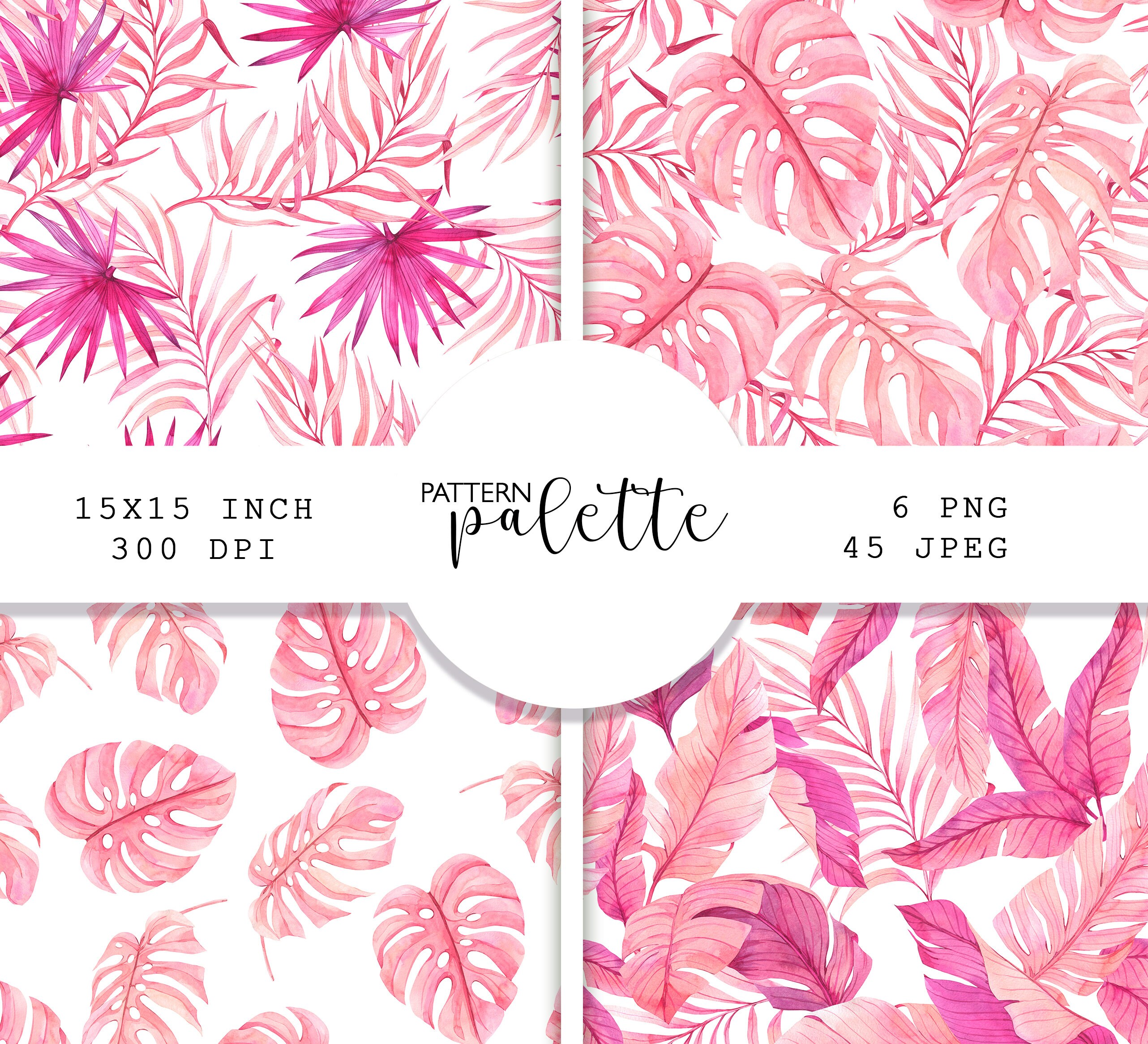 Watercolor Pink Tropics Patterns, Seamless pattern, Watercolor patterns, PNG, Monstera Palm Leaves, Tropical Summer Wedding, Pink Leaves