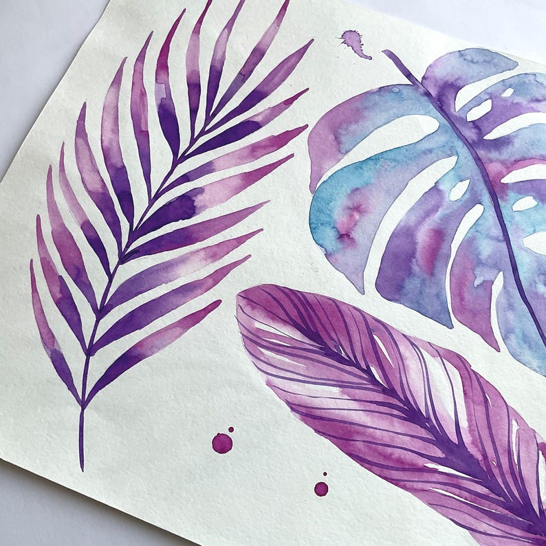 May include: Watercolor painting of purple and blue tropical leaves on a white background. The leaves are painted in a loose, flowing style, with a soft, watercolor effect.