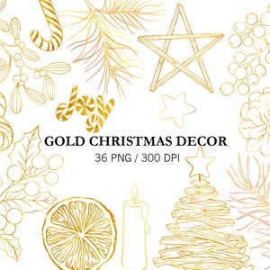 Kerstmis Gouden Clipart, Kerstmis Decor, Kerstmis PNG, Gouden Decor, Gouden Bladeren clipart, Doodle Clipart, Kerstmis ornamenten, Gold Graphics