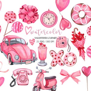 Clipart de San Valentín en acuarela, clipart de San Valentín rosa, PNG de amor, clipart de corazón, clipart de amor lindo, tarjeta de San Valentín, decoración romántica