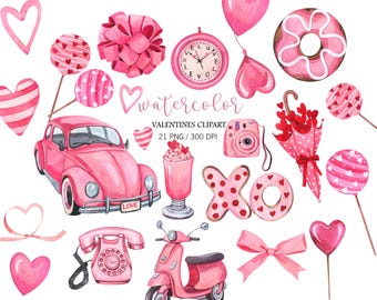 Watercolor Valentines day Clipart, Pink Valentine's Clipart, Love PNG, Heart Clipart, Cute love clipart, valentines day card, Romantic decor