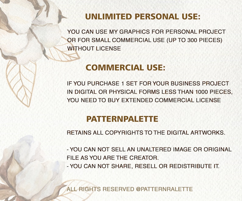 May include: A digital illustration of a cotton flower with text that reads "Unlimited Personal Use: You can use my graphics for personal project or for small commercial use (up to 300 pieces) without license. Commercial Use: If you purchase 1 set for your business project in digital or physical forms less than 1000 pieces, you need to buy extended commercial license. Patternpalette retains all copyrights to the digital artworks. - You can not sell an unaltered image or original file as you are the creator. - You can not share, resell or redistribute it. All rights reserved @patternralette"