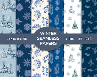 Watercolor Winter Woodland Cozy Christmas Patterns, Digital Papers Background, Pine trees, Snowflakes, PNG JPEG Digital Download