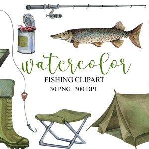 May include: Watercolor clipart set of fishing gear, including a fishing rod, tackle box, fishing boots, a folding chair, a tent, a can of worms, and a fish. The clipart is perfect for creating digital or printed designs.