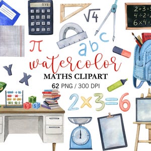 Watercolor Maths Clipart, Back to School PNG, Teacher Clipart, School Supplies, Mathematics Clipart, First Day of School, Printable Stickers
