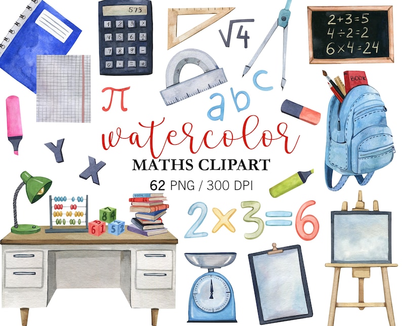 Watercolour Math Watercolor Math Clipart: School Supplies PNG Set (62 Files) - Etsy