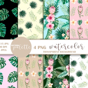 May include: Watercolor patterns featuring tropical leaves, hibiscus, and protea flowers in various arrangements. The patterns include a black background with monstera leaves, a light yellow background with palm leaves, and a light blue background with hibiscus flowers.
