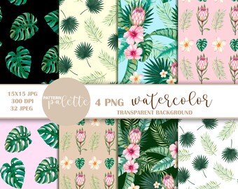 Paquete de papel digital de acuarela tropical, patrón sin costuras de palmera monstera PNG, conjunto de fondo de verano, flores tropicales, protea, hojas de la selva