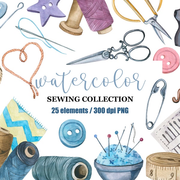 Watercolor Sewing Clipart, Hobby Set Decor, Sewing supplies, Sewing machine, Scissors clipart. Sewing illustration,Threads, Buttons PNG,