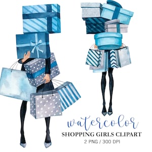 Aquarel winkelend meisje met cadeaus in blauwe kleuren, kerstcadeau png kerstcadeaus png, mode meisje mode clipart modeplanner stickers